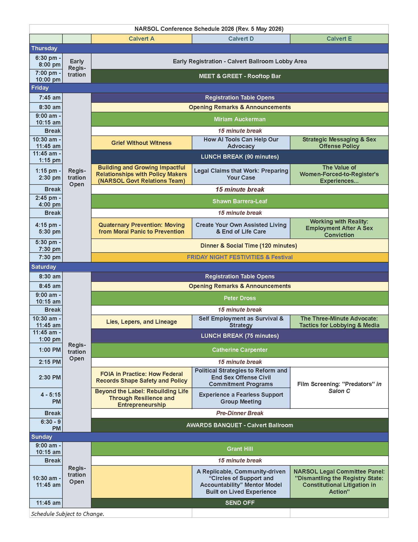 A multi-column conference schedule table titled 'NARSOL Conference Schedule 2026' showing days (Thursday–Sunday) and time slots with colored session blocks (Calvert A/D/E).