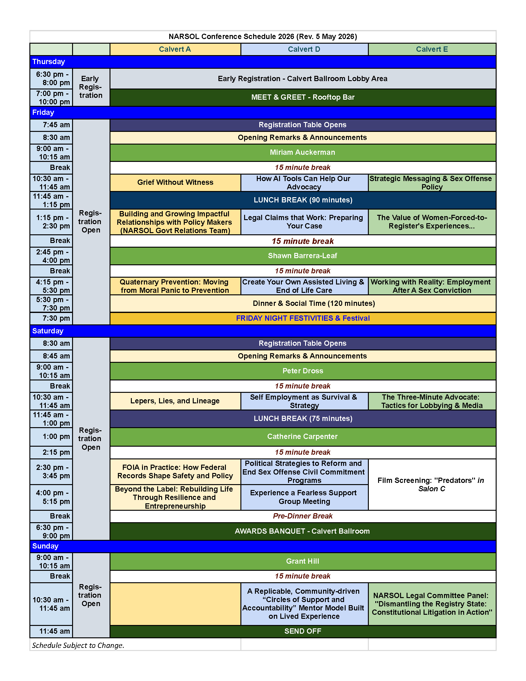 2026Baltimore_19May26 - NARSOL Conference 2026 NARSOL Conference Schedule 2026 timetable showing Thursday–Sunday with time slots on the left and color‑coded session blocks (Registration, Opening remarks, lunch, breaks, banquets).